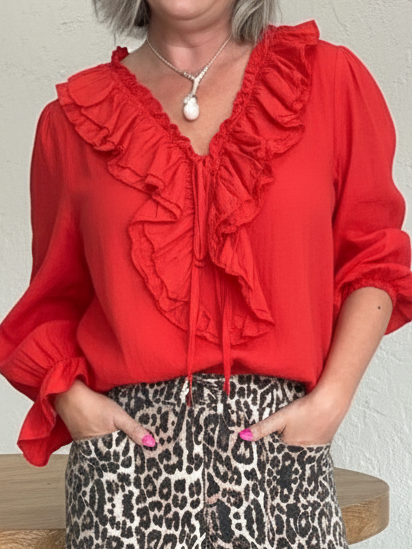 Romantic V-neck Ruffled Linen-cotton Blouse