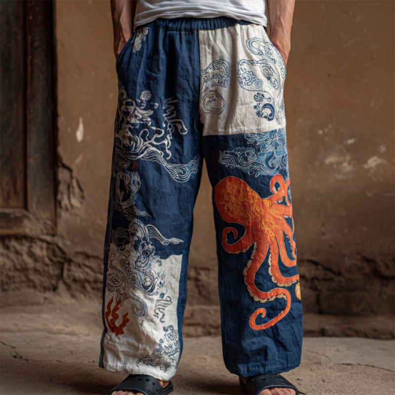 Men's Retro Japanese Art Ocean Octopus Print Casual Pants