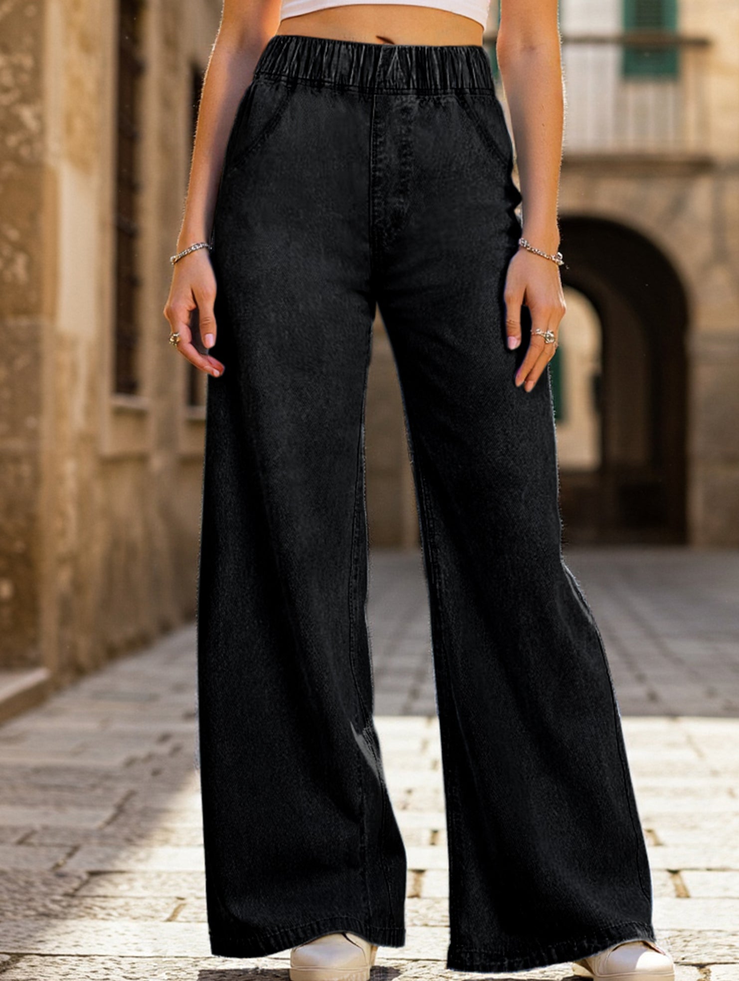 Wide-leg plus-size elastic waist jeans