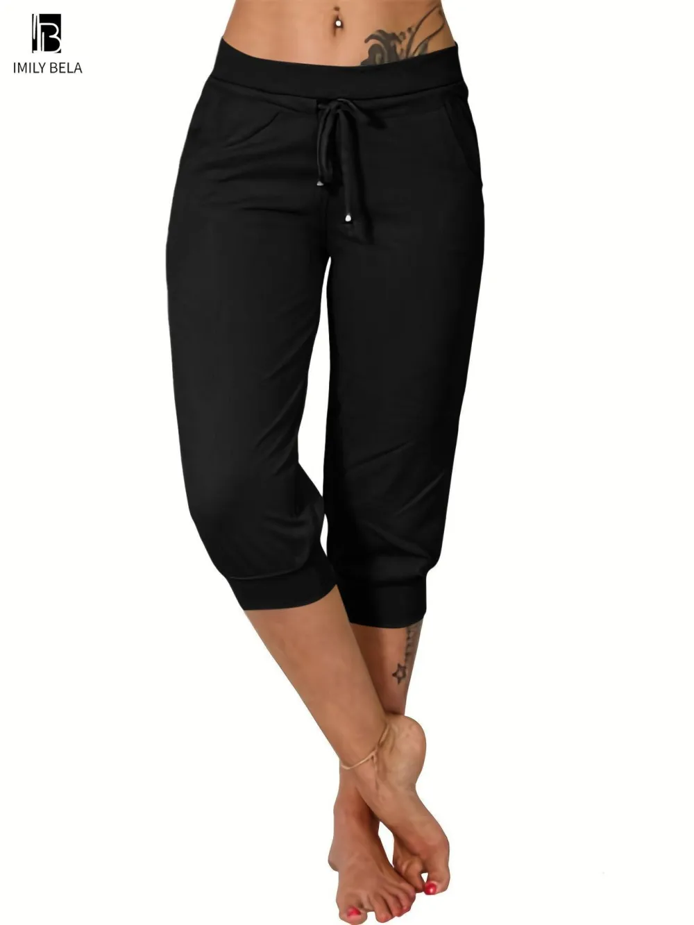 Women's Plain Drawstring Waist Capris Pants, Casual Pocket Trousers for Daily Wear
