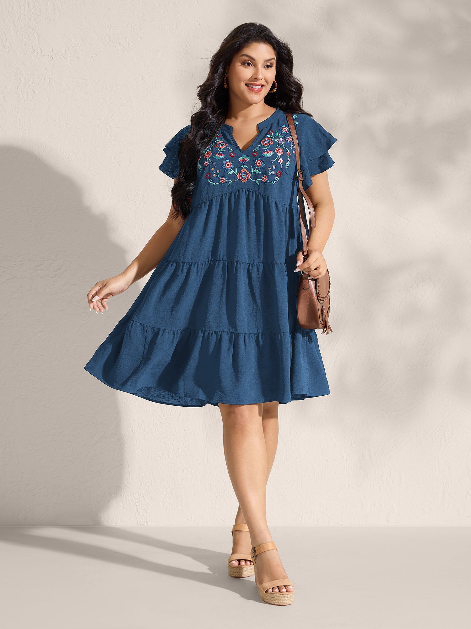 Embroidered Neckline A-Line Ruffled Knee-Length Dress