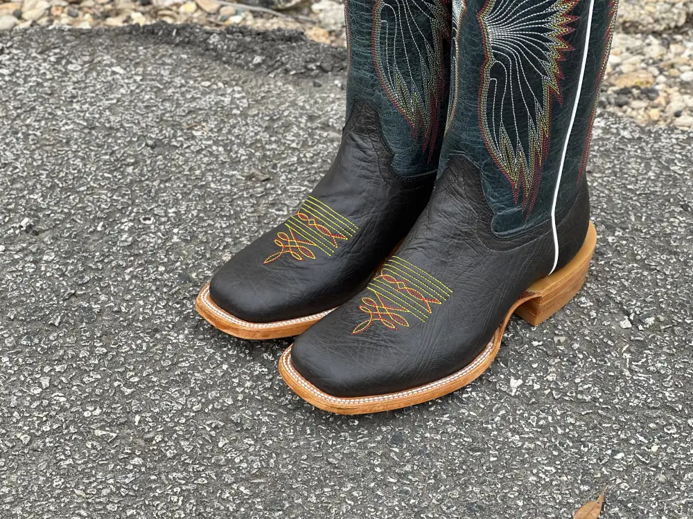Men’s Black Shoulder Leather Boots With Navy Blue Shaft