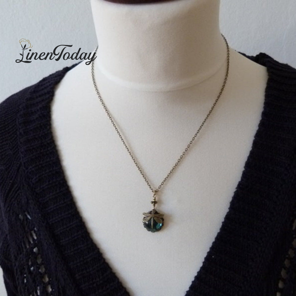 Vintage Dragonfly Green Crystal Boho Jewelry Necklace
