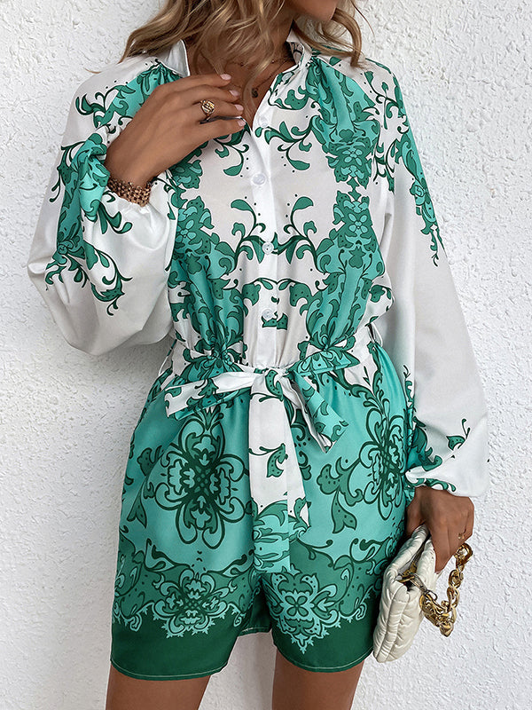 Vacation Puff Sleeves Loose Printed V-Neck Jumpsuit