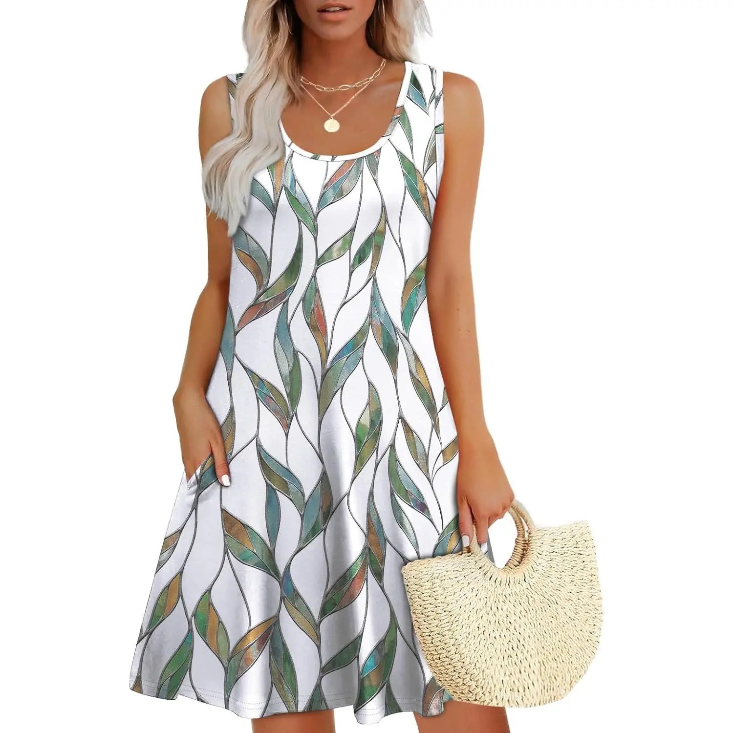 Womens Summer Dresses Loose U Neck Sleeveless Sundresses Dress with Pockets