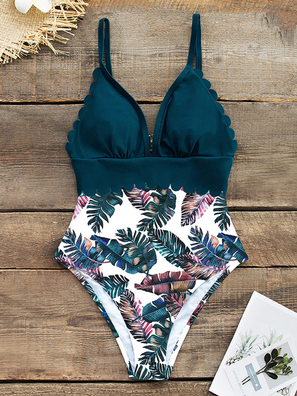 Spaghetti-Neck Deep V-Neck Lace-Up Floral One-Piece Swimwear