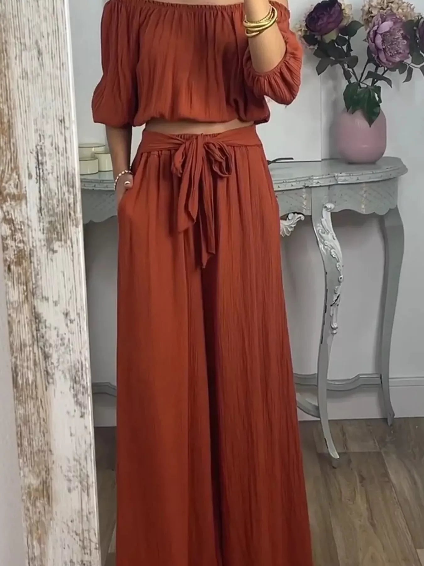 Full Size Off-Shoulder Top and Pants Set Plus Size