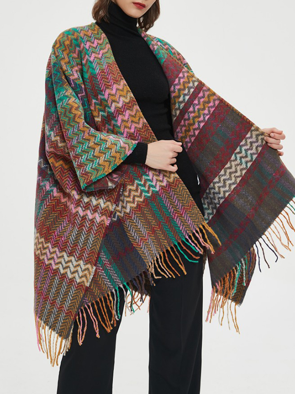 Keep Warm Split-Side Tasseled High-Low Long Sleeves Shawl&Scarf
