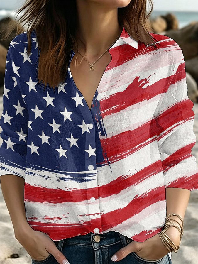 Women's American Flag Flower Independence Day Printed Casual Shirt