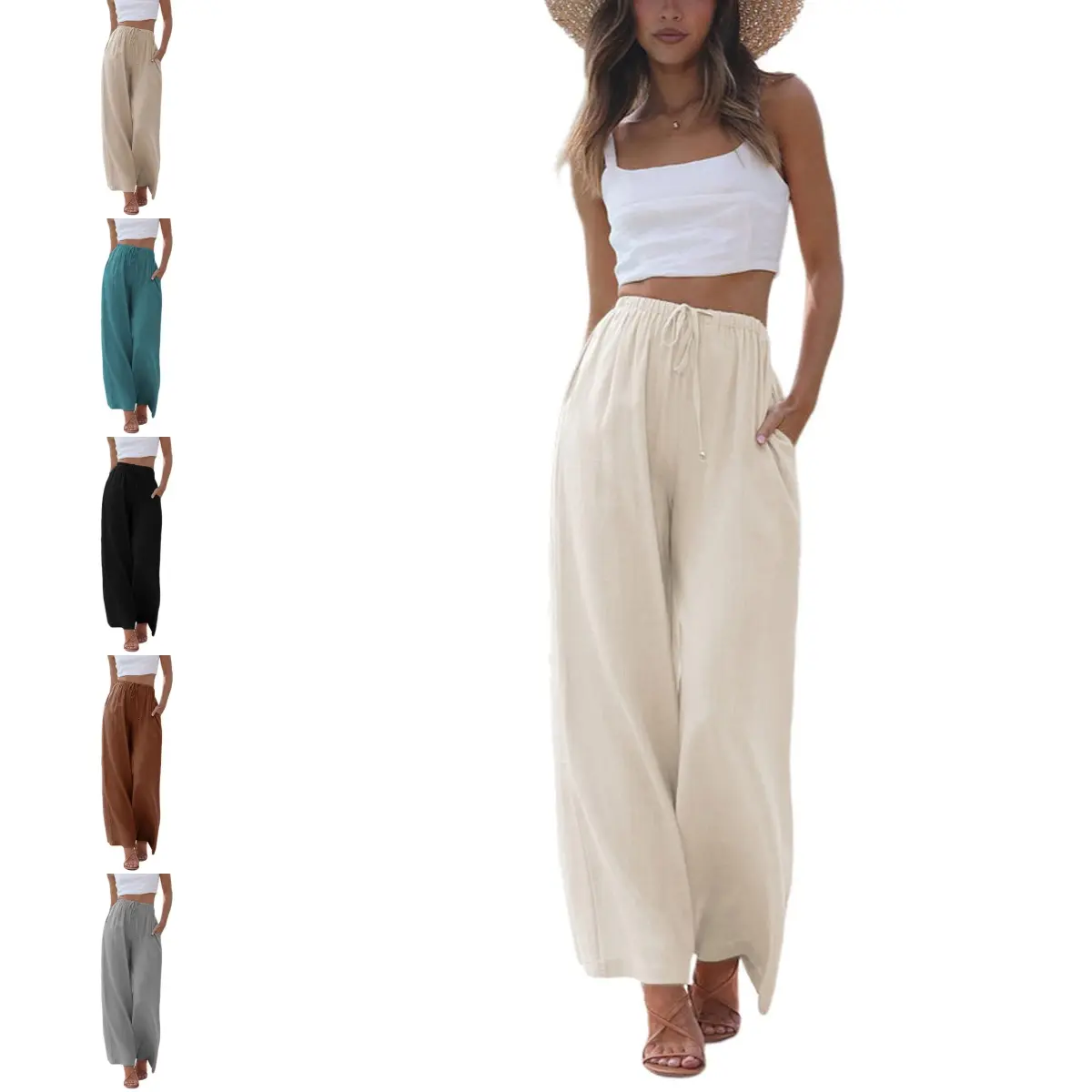 Women's Cotton Linen Summer Palazzo Pants Flowy Wide Leg Beach Trousers with Pockets Casual Womenswear