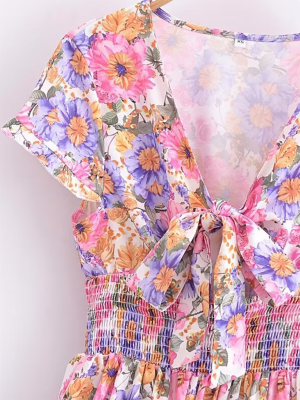 French Floral Chest Tie Waist Stitching A-Line Skirt Short-Sleeved Mini Dress