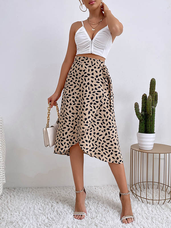 Printed Split-Front Tied Waist A-Line High-Low Skirts Bottoms