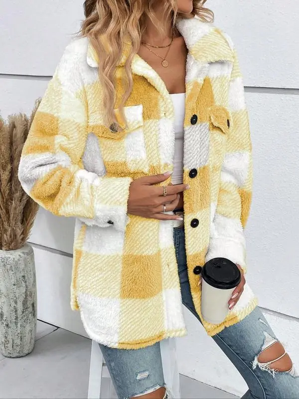 Women's Plaid Print Button Front Fuzzy Coat Plaid Jacket, Casual Drop Shoulder Long Sleeve Collared Outerwear for Fall & Winter, Ladies Clothes for Daily Wear