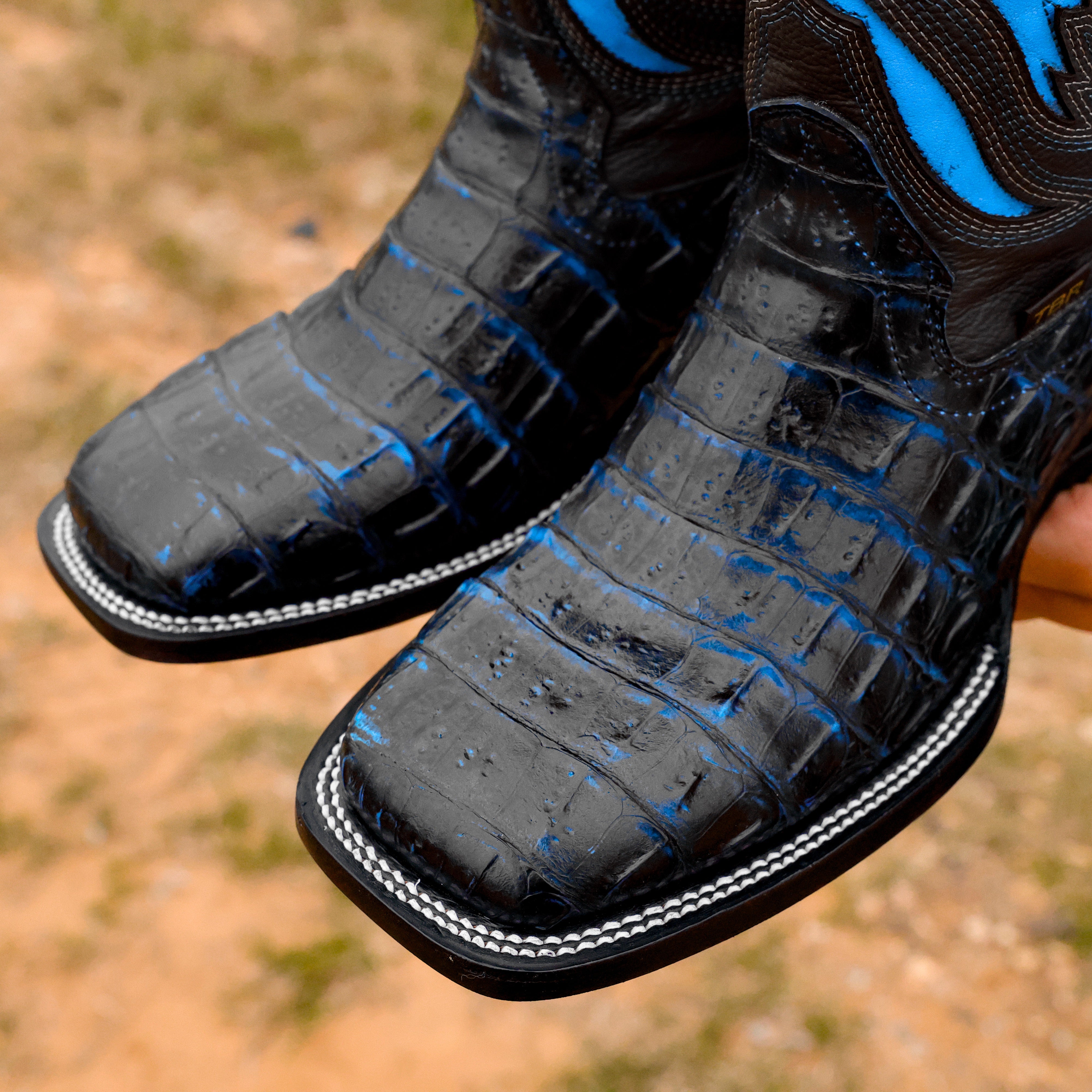 Black/Blue Caiman Hornback Leather Boots - Square Toe