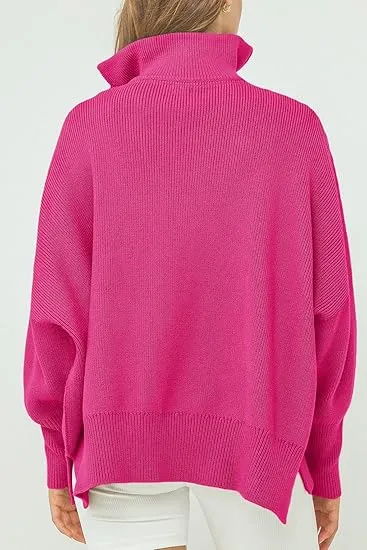 Women's Long Sleeve 14 Zip Oversized Ribbed Knit Tunic Sweater