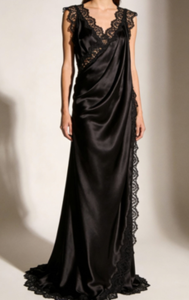 Silky Satin Drape + Delicate Crochet Trim – Timeless Maxi Dress for Evening