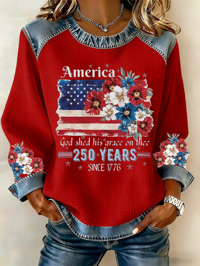 Ladies' Retro American 250Th Independence Day Round Neck Waffle Hoodie