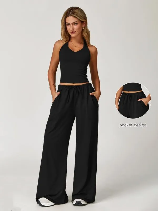 Women's Solid Crop Tank Top & Wide Leg Pants Set (Just $3 a set!)