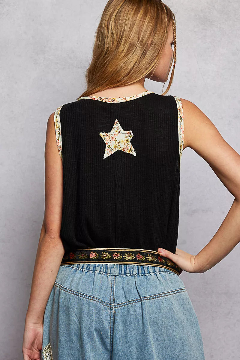 POL Washed Ribbed V-Neck Tank with Floral Print Star Patch