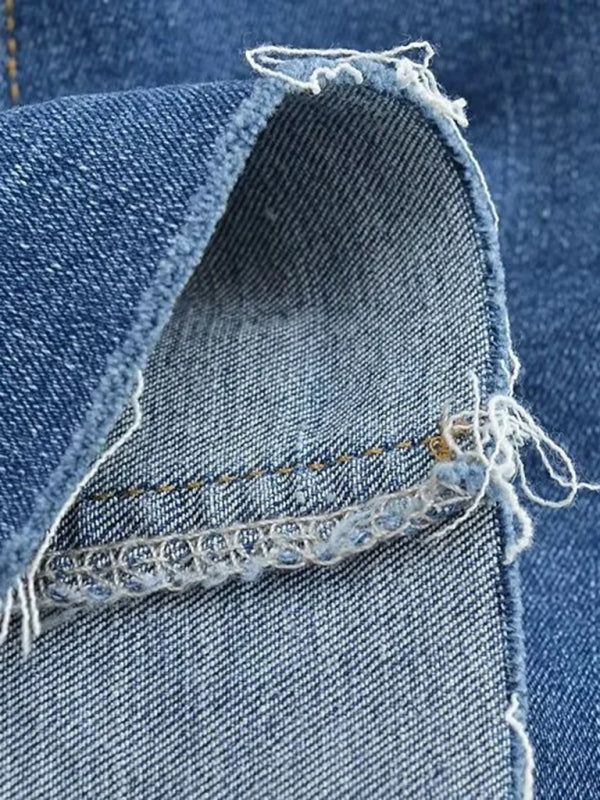 High-Waist Elastic Slim-Fit Distressed Edge A-Line Denim Mini Skirt