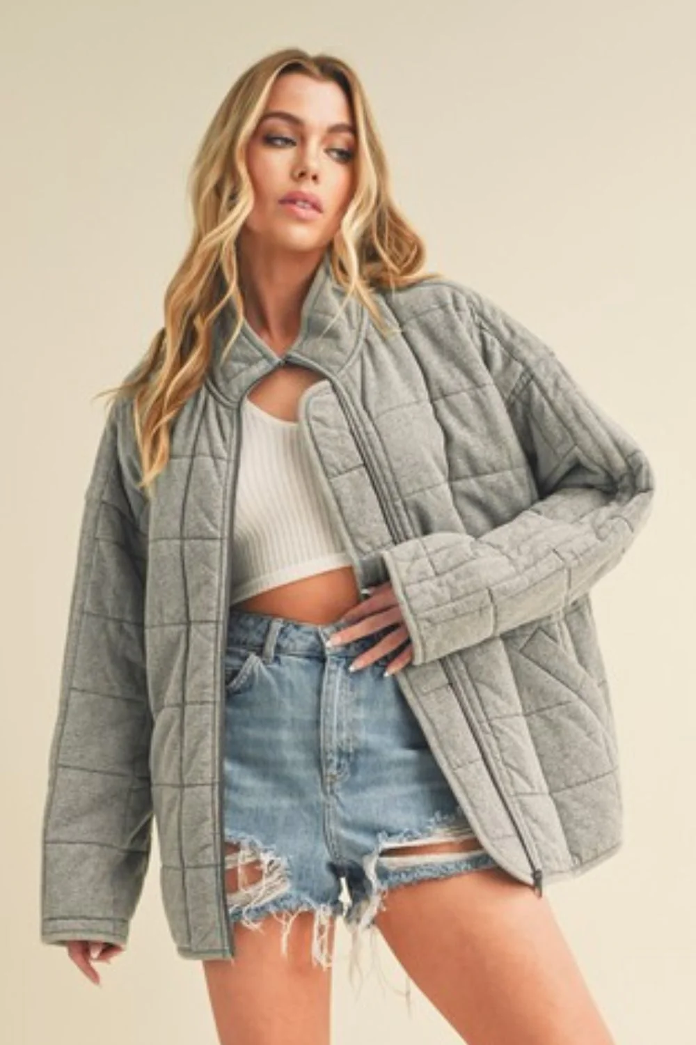 Zip Up Drop Shoulder Quilted Washed Jacket