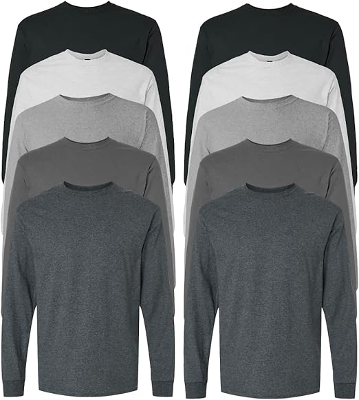 10 Pack: Men's 100% Cotton Crew Neck Long Sleeve Tee Casual Basic T-Shirt Sizes S-6XL Soft-Touch Fabric Ribbed Cuffs Tailored Fit PLUS SIZES