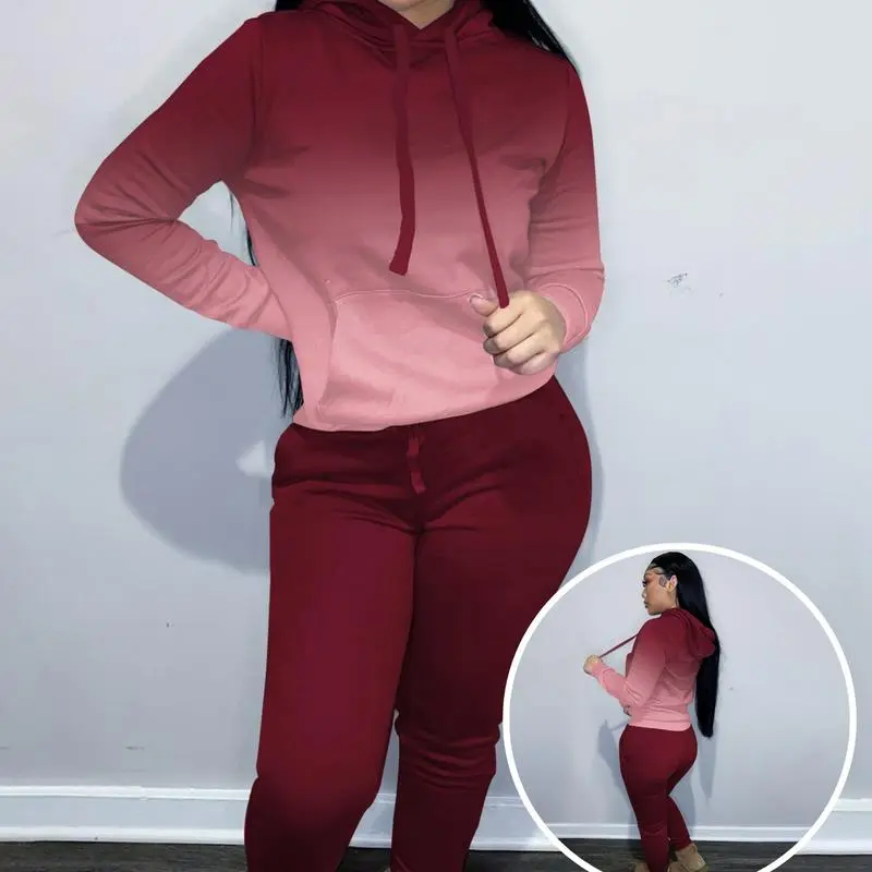 Women's Solid Drawstring Hoodie & Pocket Sweatpants Two-piece Set