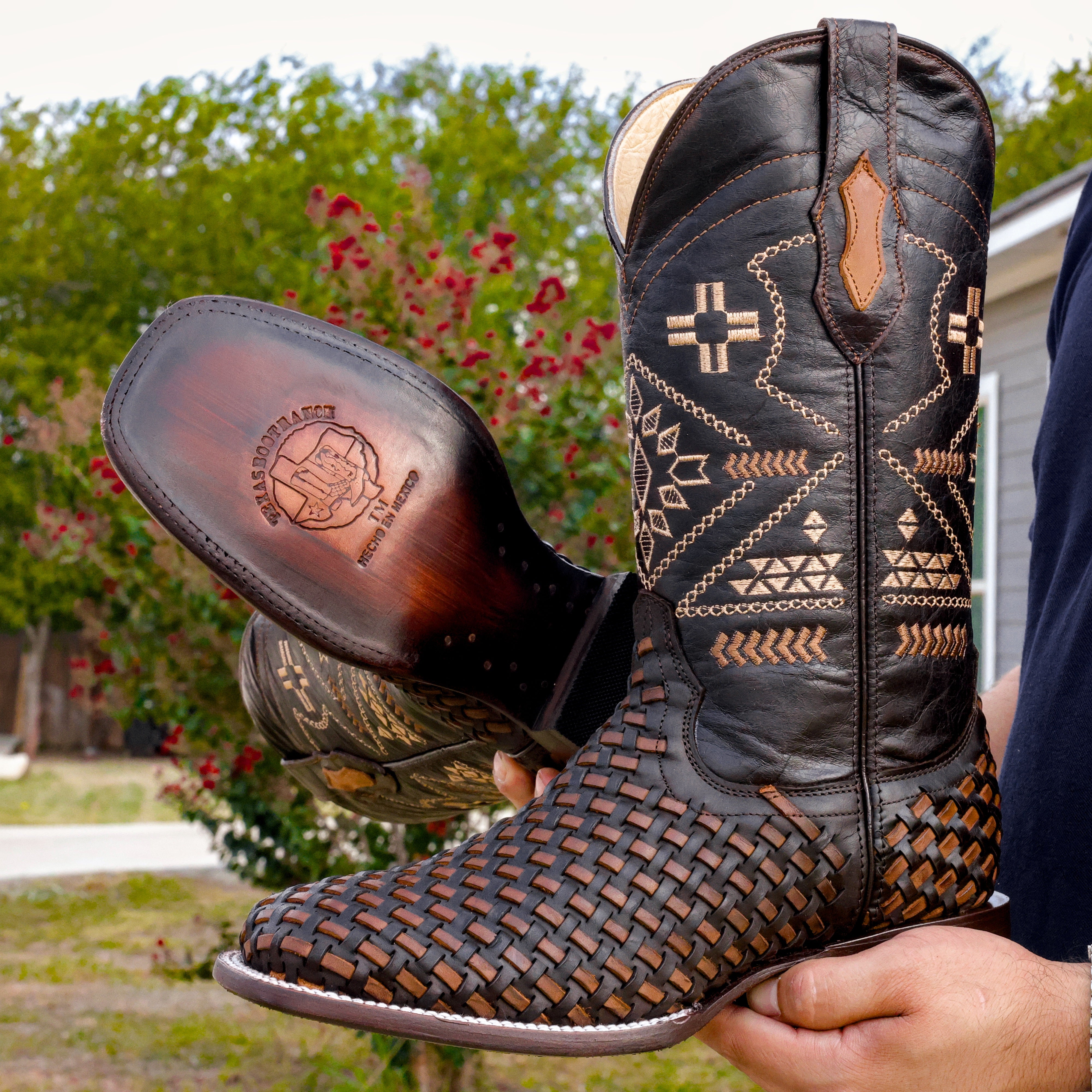 Brown Basketweave Leather Boots - Square Toe