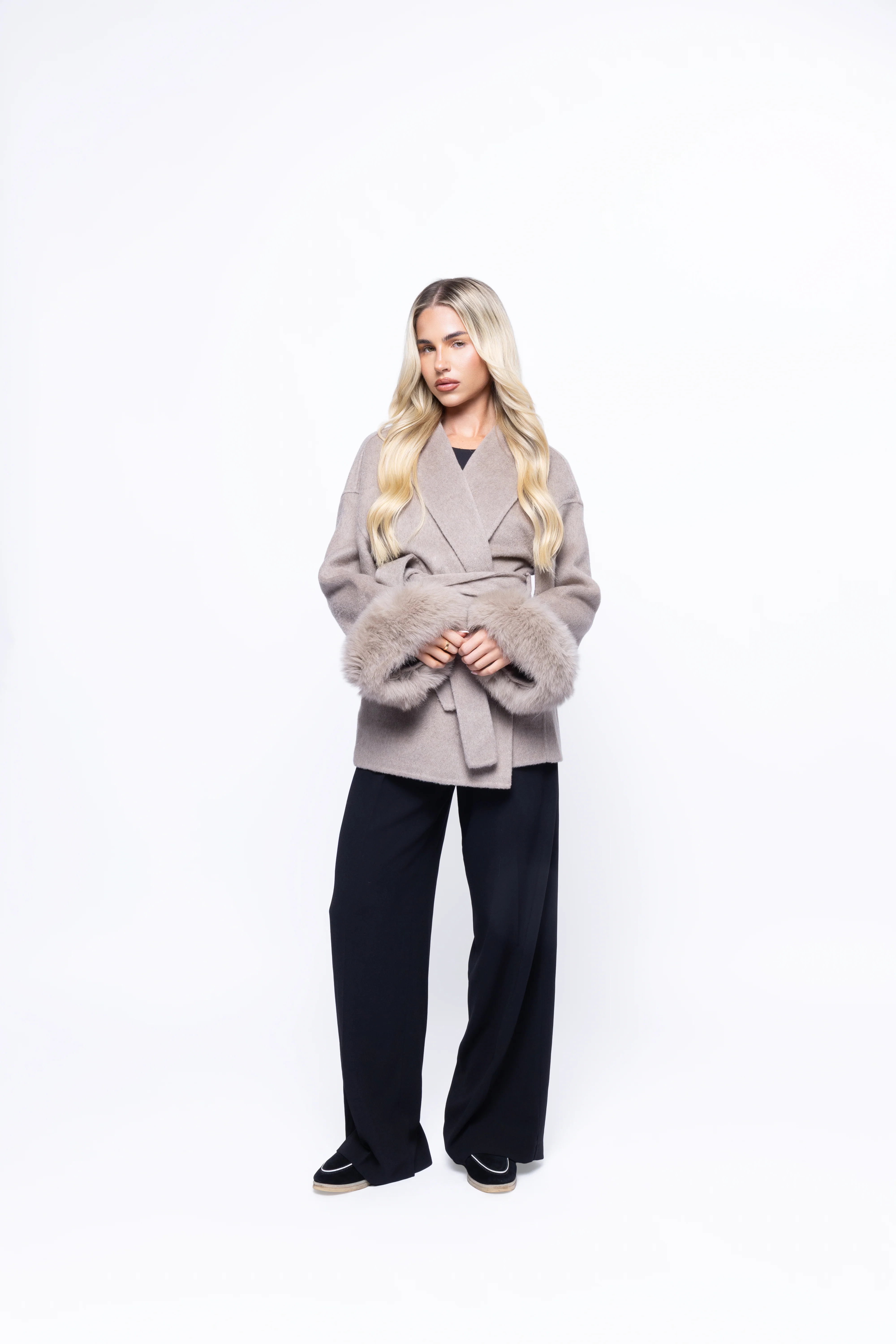100% Wool - Short Coat - Luxury Detachable fox fur cuffs