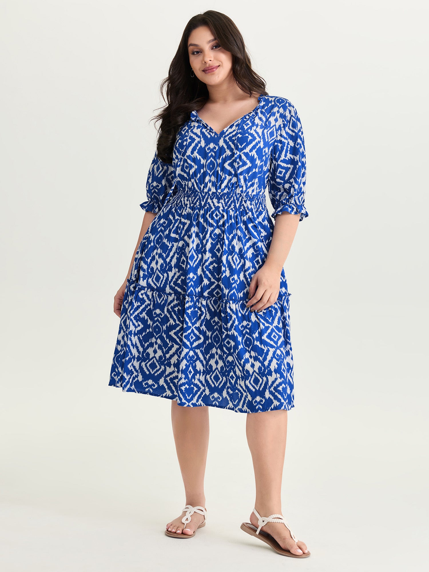 Abstract Print Drawstring Neckline Shirred Mini Dress