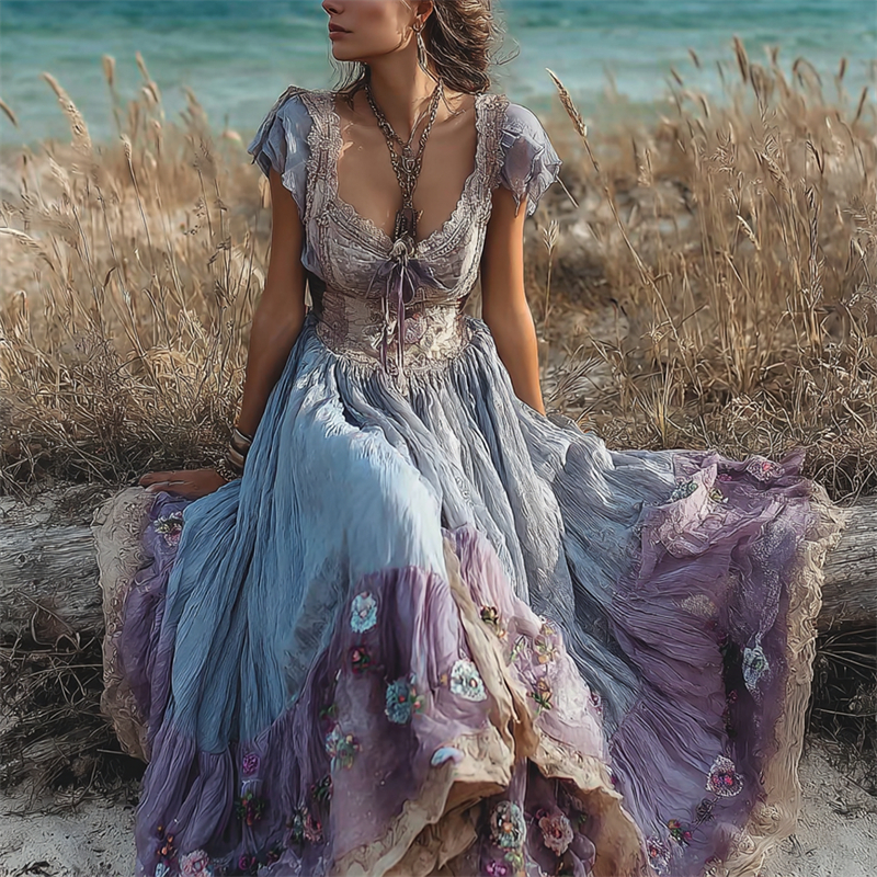 Boho Floral Embroidered Summer Fresh Flowy Linen Maxi Dress