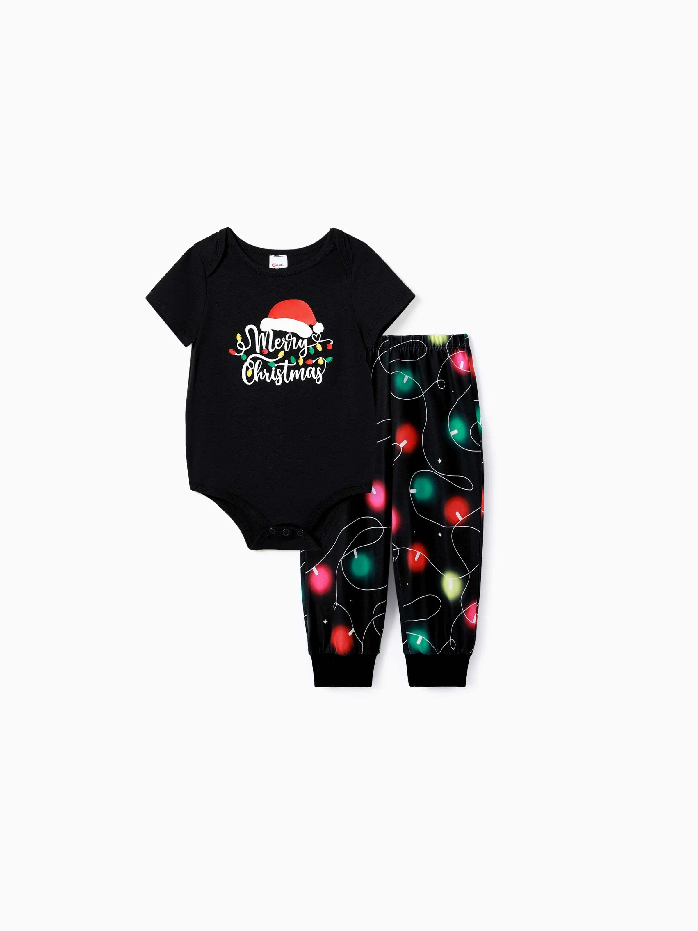 Christmas Family Matching Letters&Festive light bulb Print Short-sleeve Pajamas Sets Black