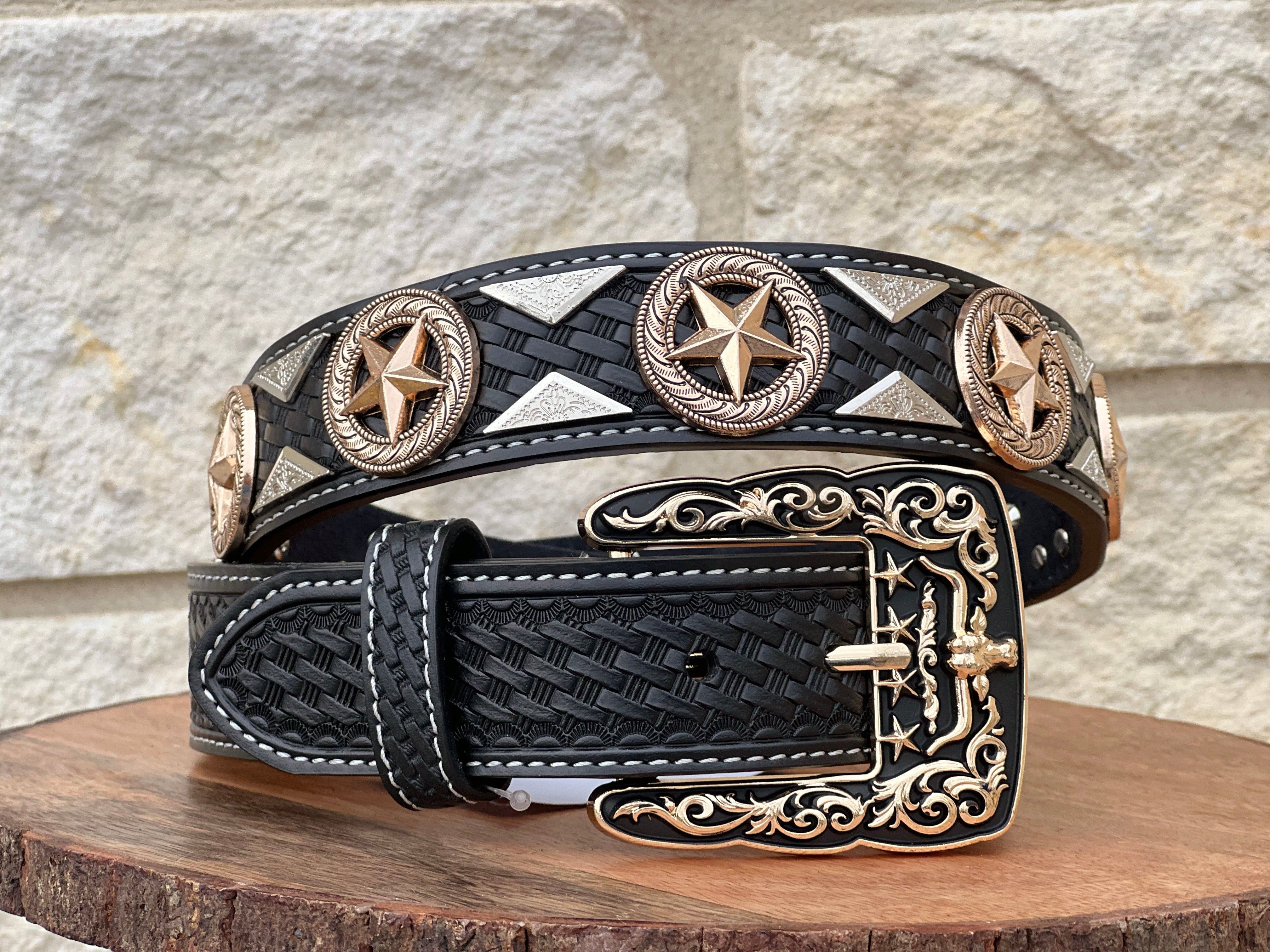 Men’s Black Leather Belt With Star Concho