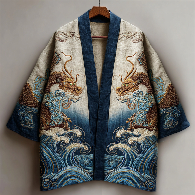 Japanese Dragons Sea Waves Embroidered Gradient Linen Kimono Cardigan