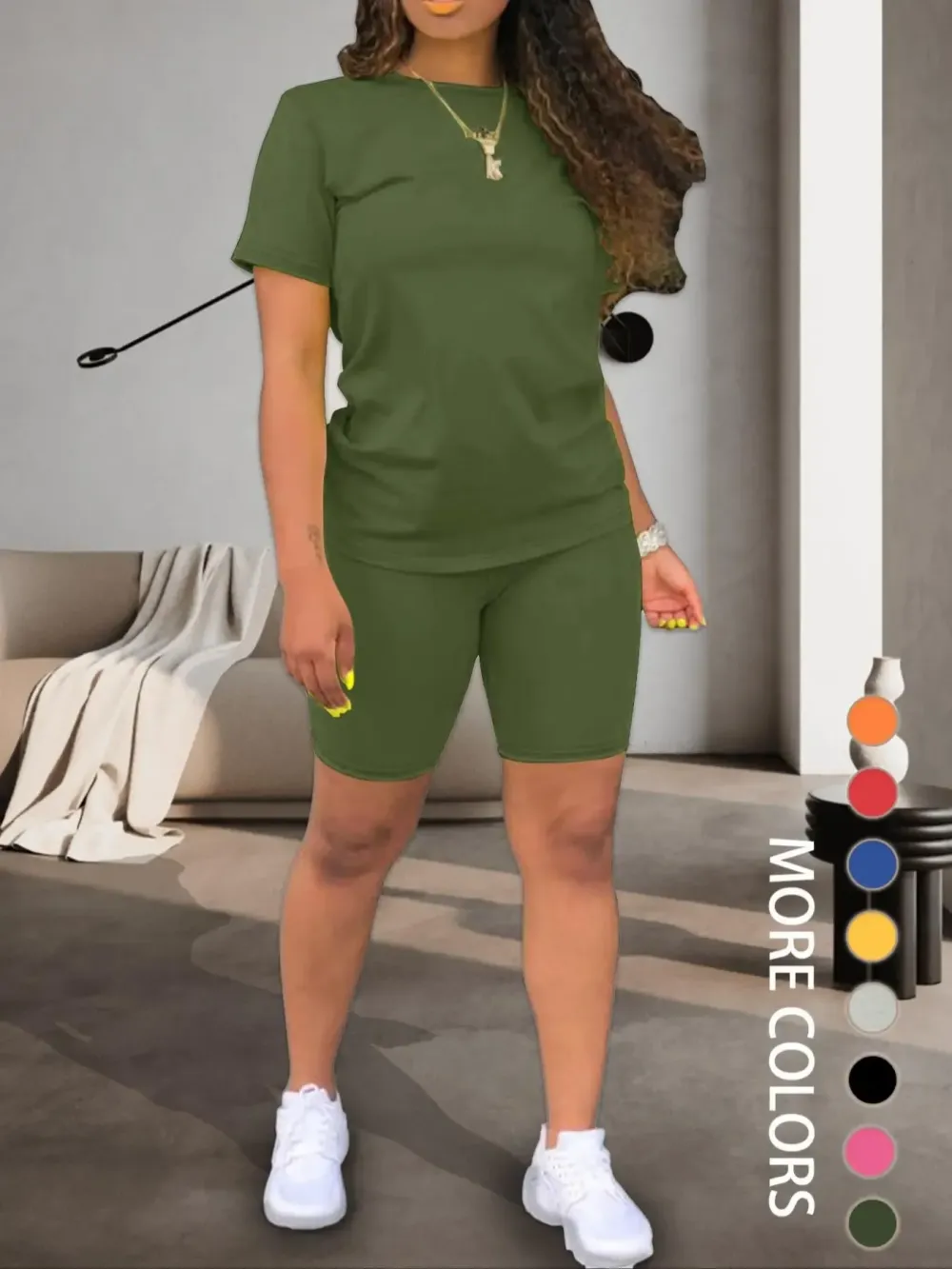 Two-piece Set Women's Fitted Plain Round Neck Tee & Skinny Shorts Set, Summer Clothes Women