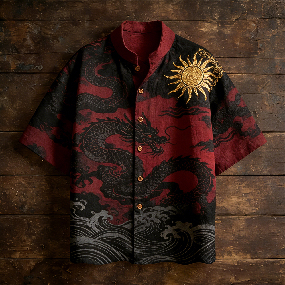 Japanese Ocean & Dragon Totem Men's Linen Short Sleeve Shirt