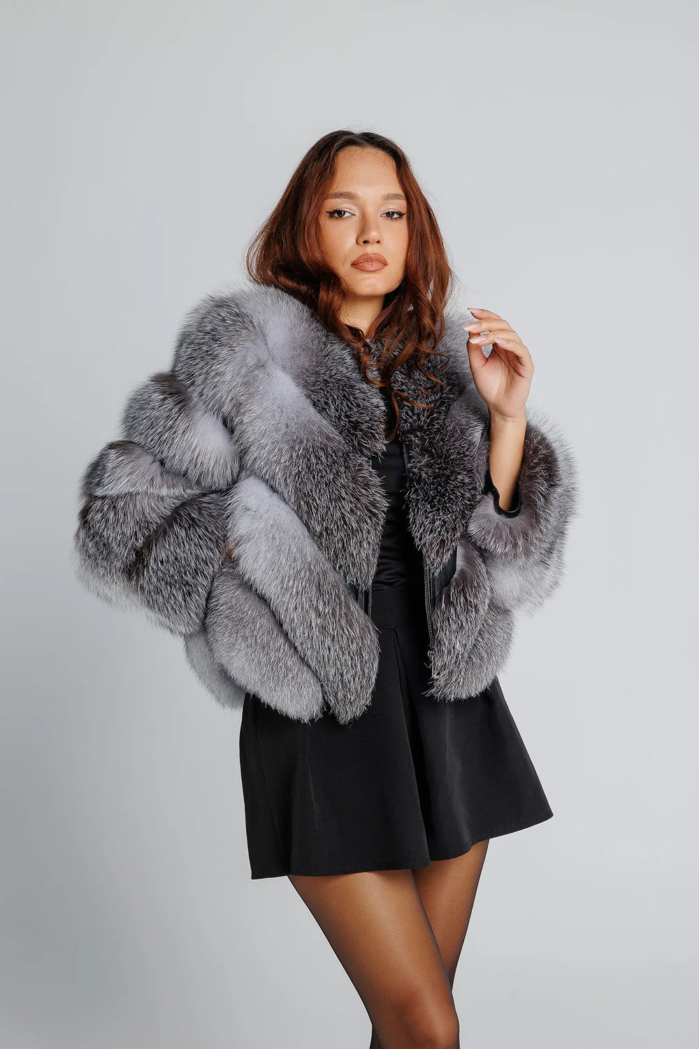 Haină din Blană Naturală de Vulpe Argintie, V Model, Transformabilă, Femei, Grey Frost 349