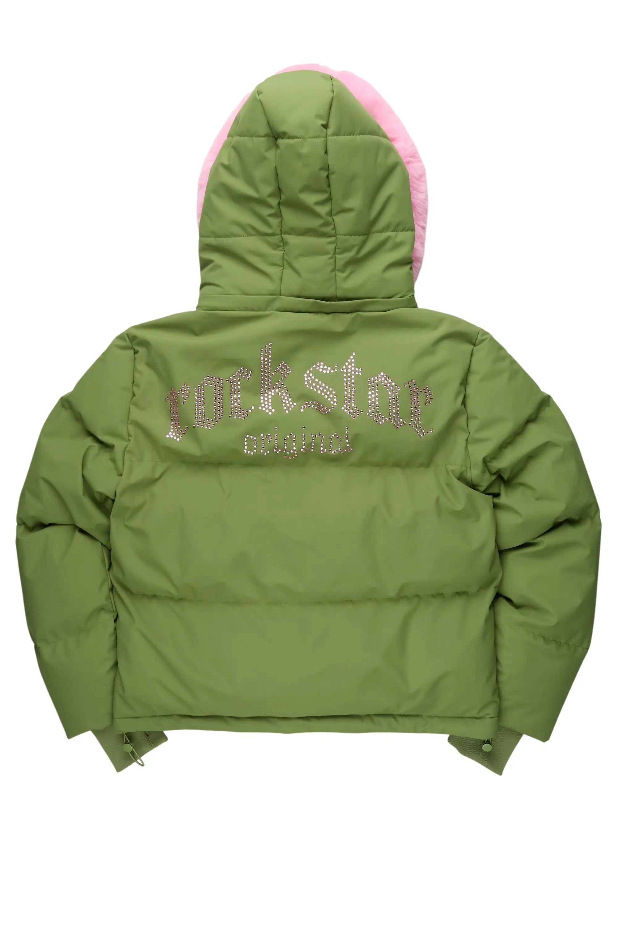 Dontaisha Olive Puffer Jacket With Fur Trim