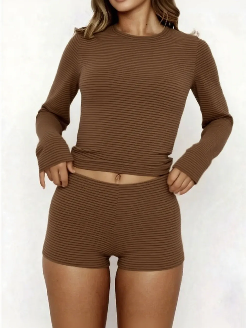 2 Piece Set Women's Casual Striped Shirt + Hot Pants