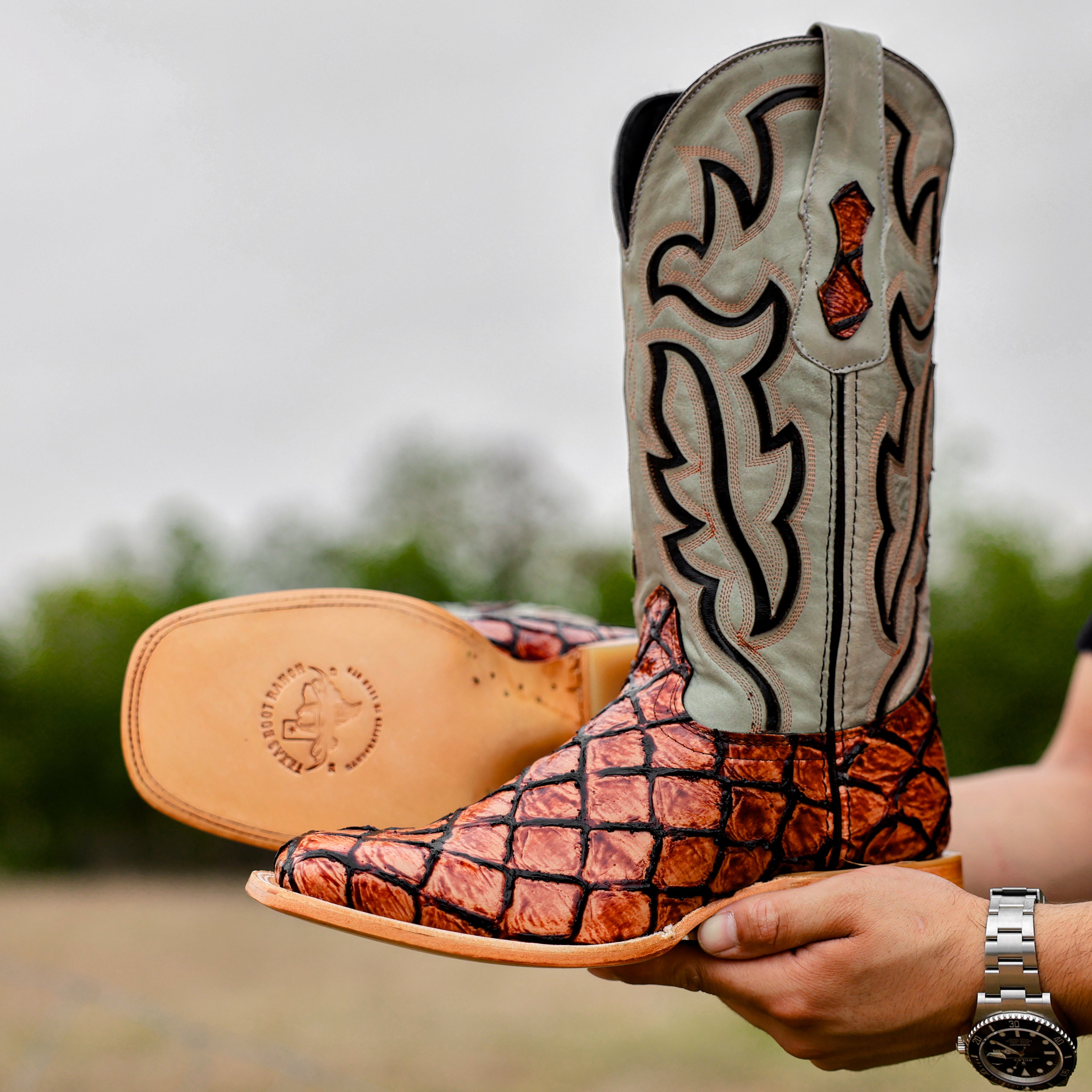 Cognac Pirarucu Leather Boots - Square Toe