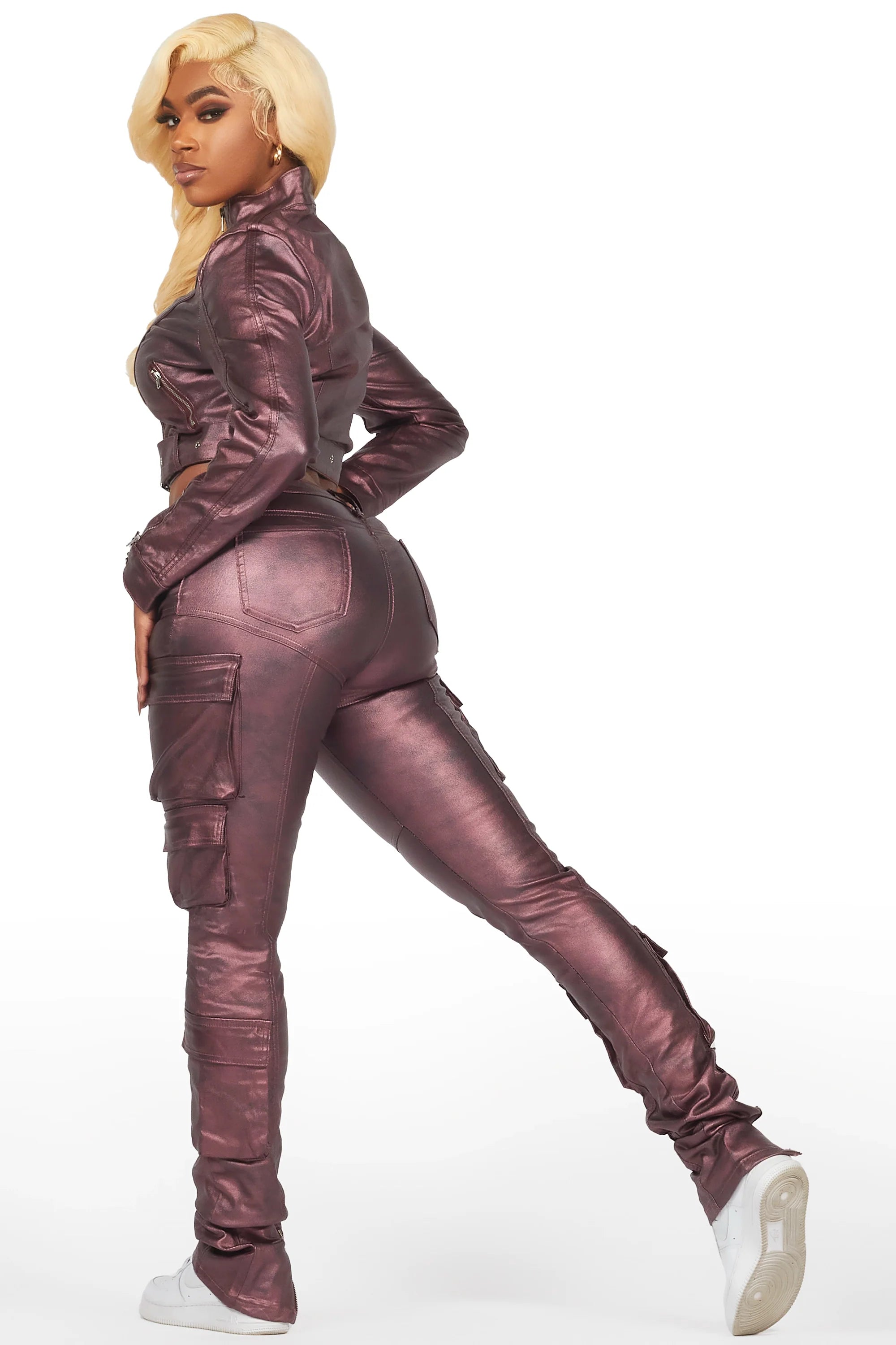 Teeoina Pink Coated Black Faux Leather Moto Jacket