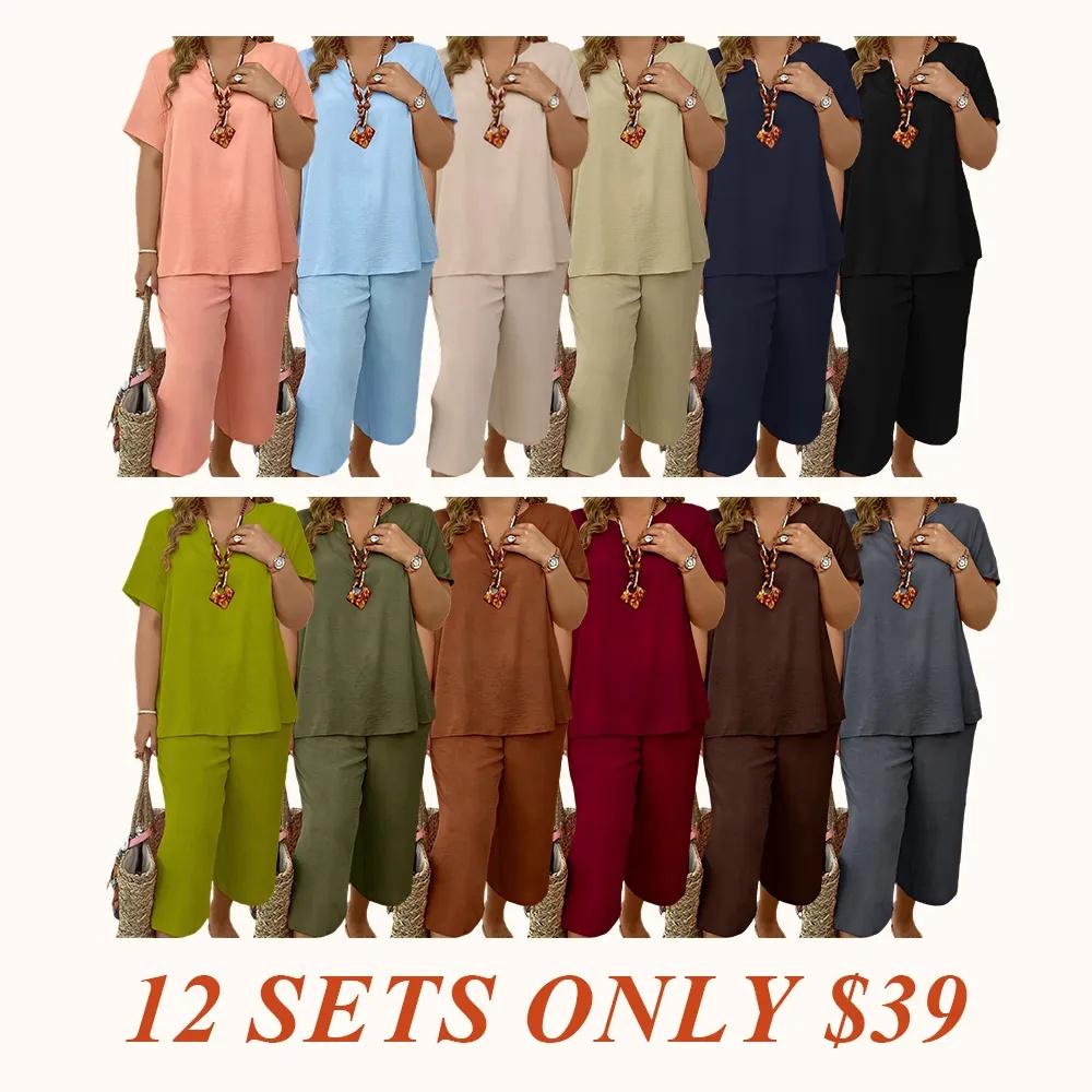 Women's Solid Color Short Sleeve Fashion Top & Casual Wide Leg Pants Set, Summer, Comfortable & Stylish