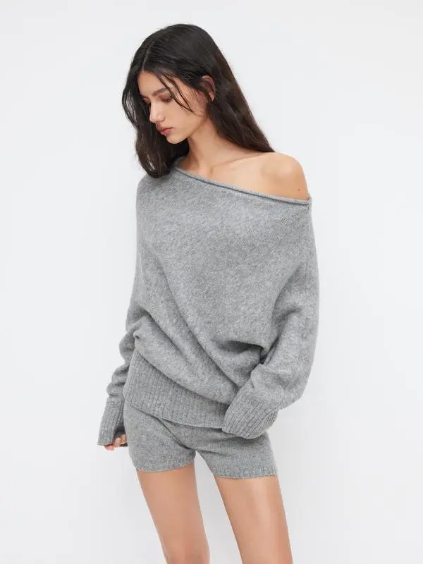 Asymmetrical Neck Long Sleeve Top & Low Rise Shorts Set