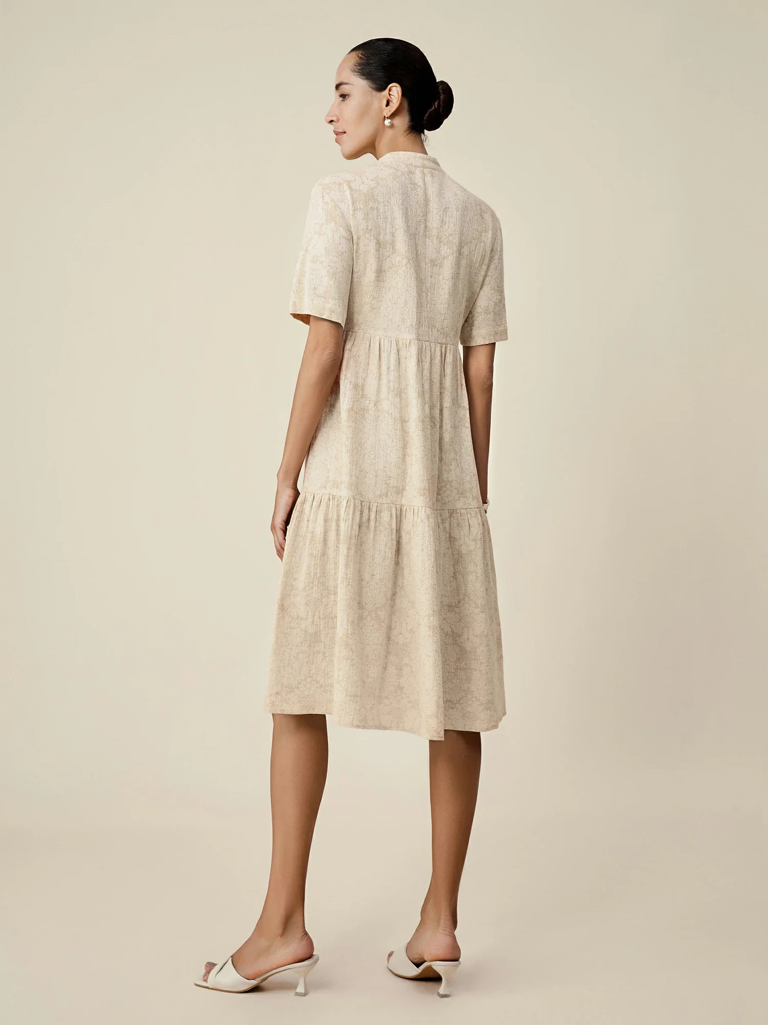 Cotton & Linen Stand Collar Short Sleeve Loose Ruffle Dress