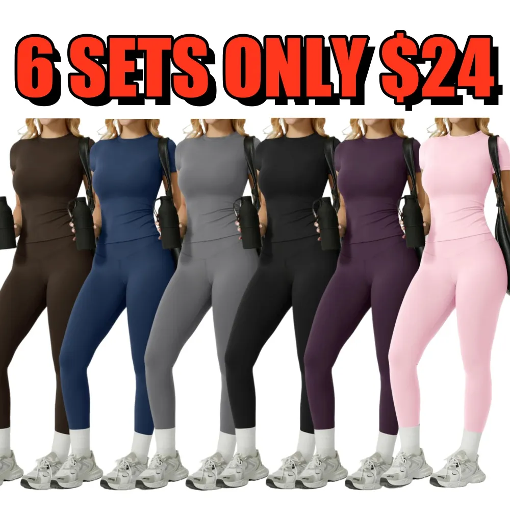 Women's Solid Ribbed Long Sleeve Tee & Leggings Sport Set
