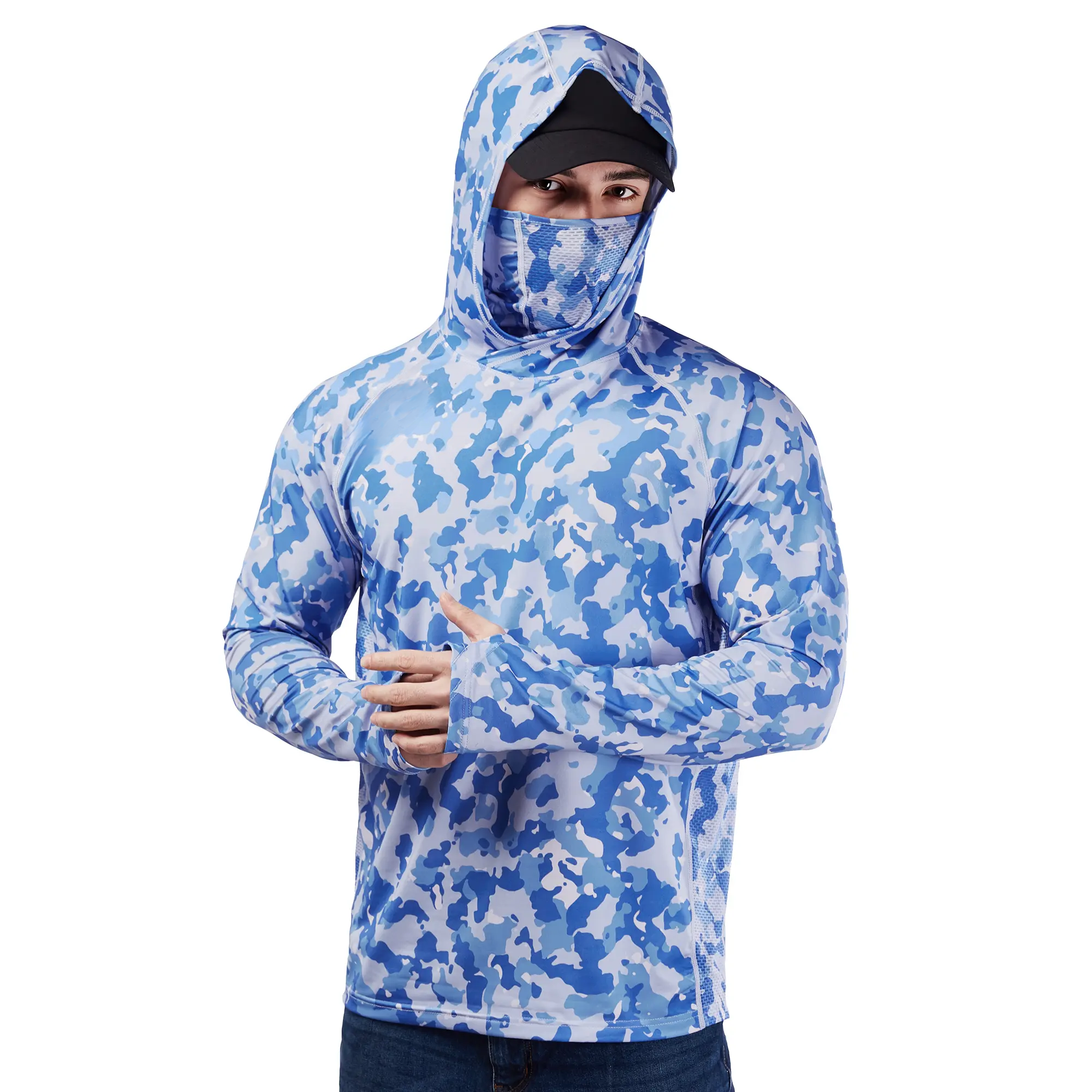 Sun Hoodie Shirts w/ Mask Neck Gaiter Men UPF 50+ UV Protection Long Sleeve
