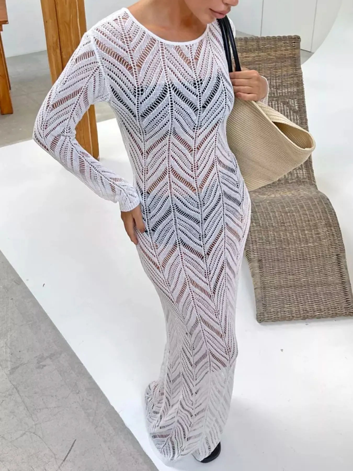 Openwork Long Sleeve Knit Cover Up Dress