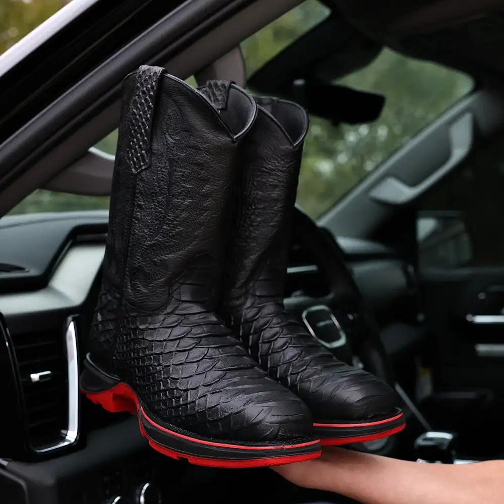 Matte Black Anaconda Leather Boots With 3D Lightweight Sole