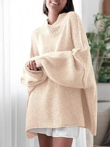 ✨Womens Oversized Mock Neck Batwing Long Sleeve Ribbed Knit Casual Tunic Sweater🔥