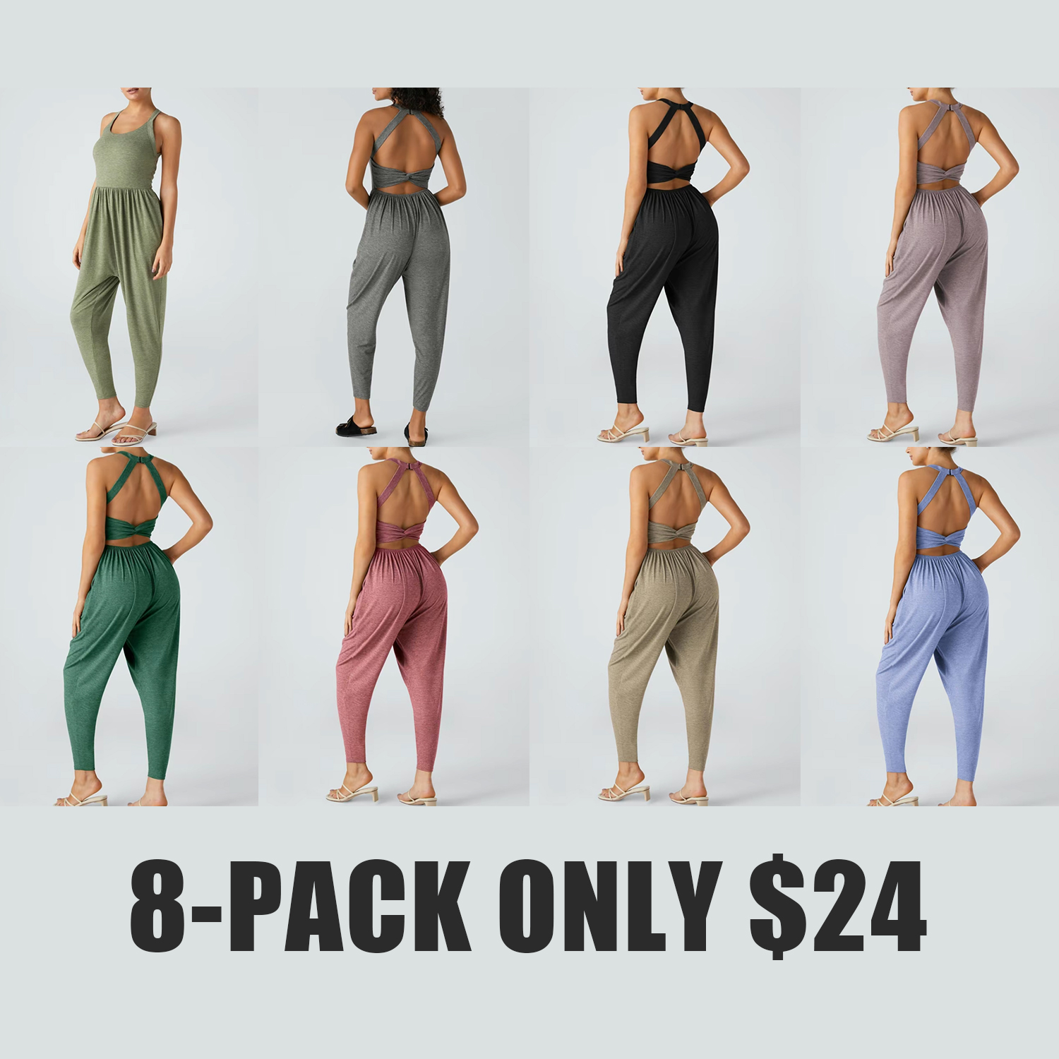 Women's Backless Twisted U-Neck Harem Jumpsuit with Pockets